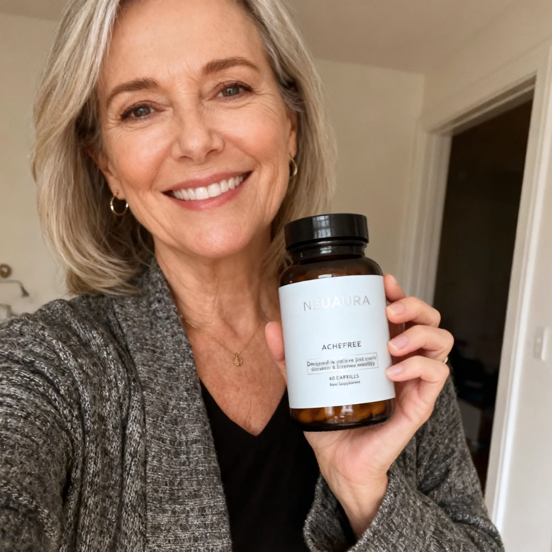 Person smiling and holding a bottle labeled 'NeuAura AcheFree'.