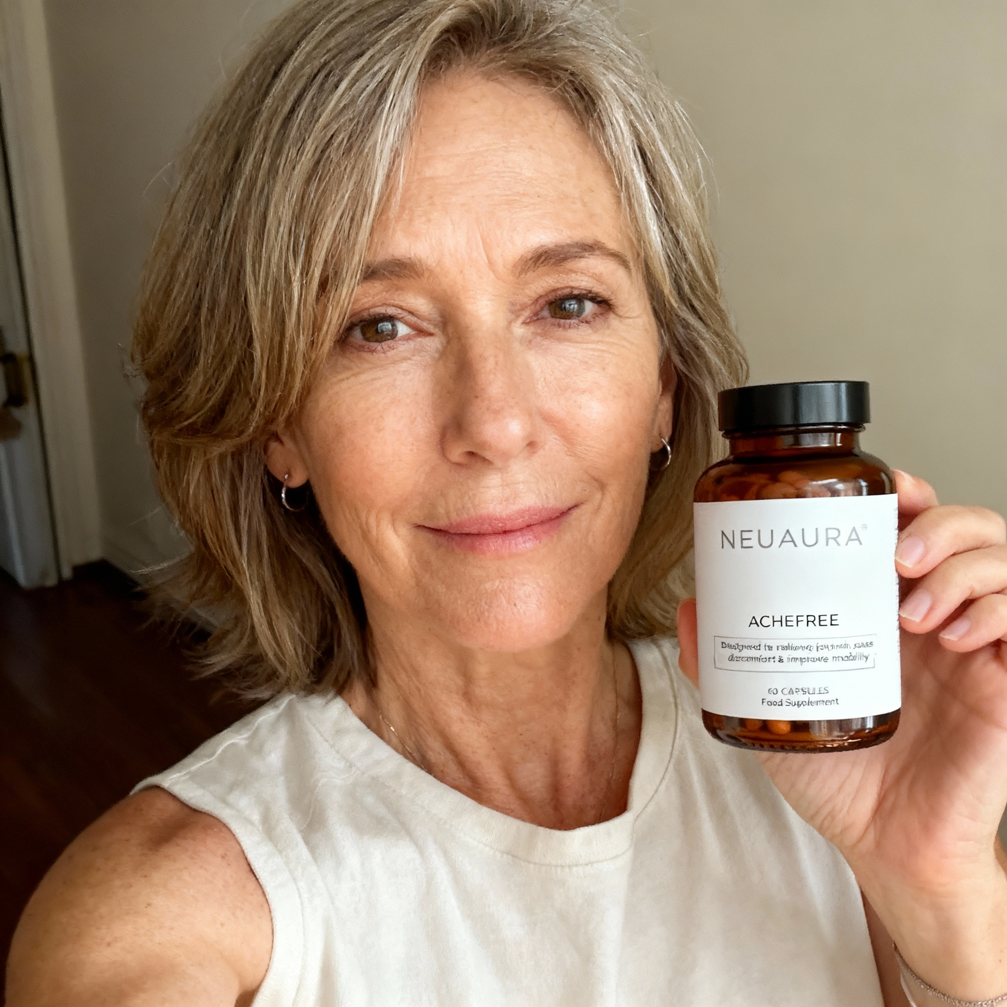 Person holding a bottle labeled 'NEUAURA ACHEFREE' with a neutral expression.