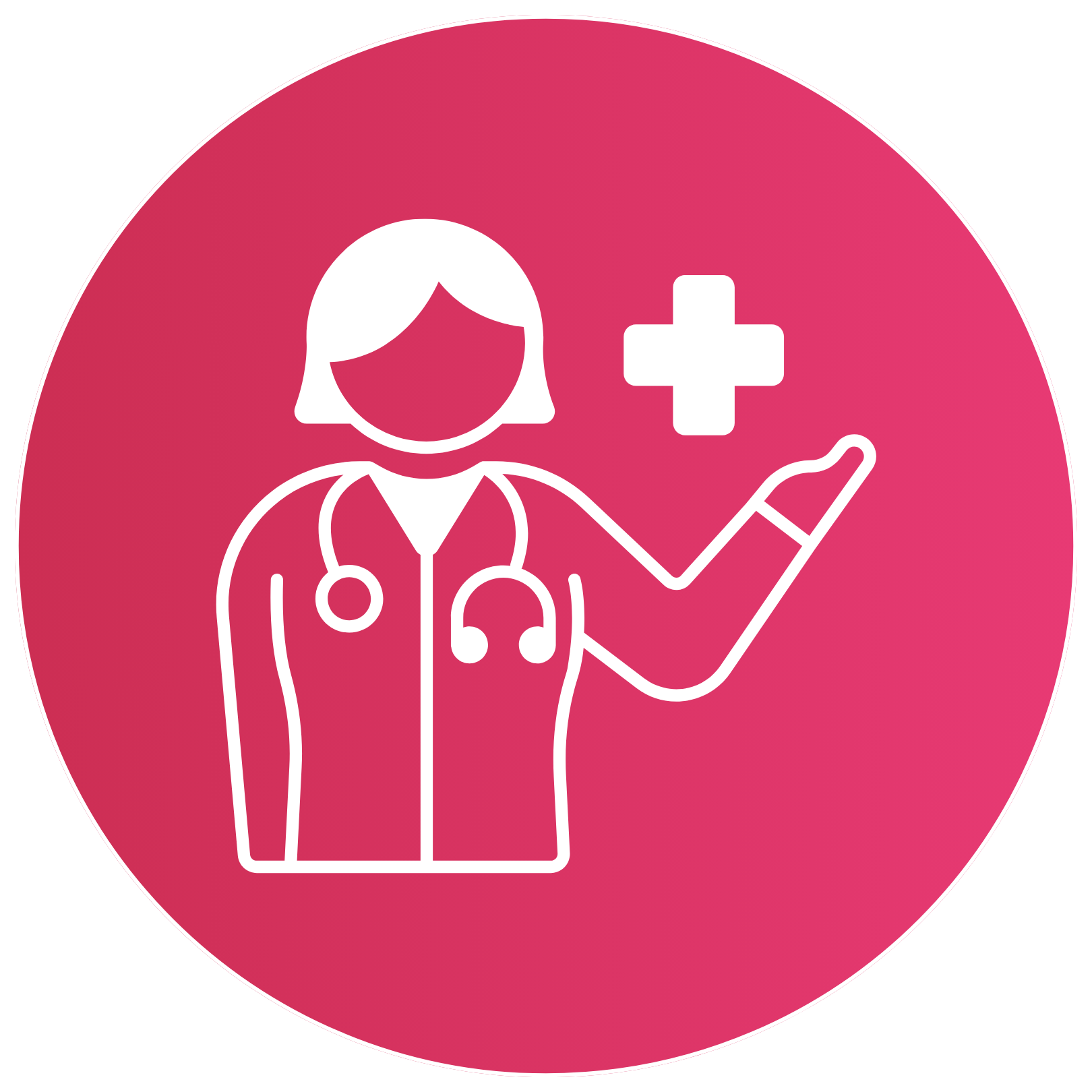 Icon of a doctor with a stethoscope and medical cross on pink background.