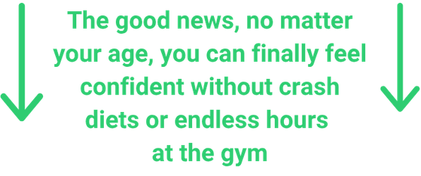 Green text with two downward arrows promising confidence without crash diets or endless hours at the gym.