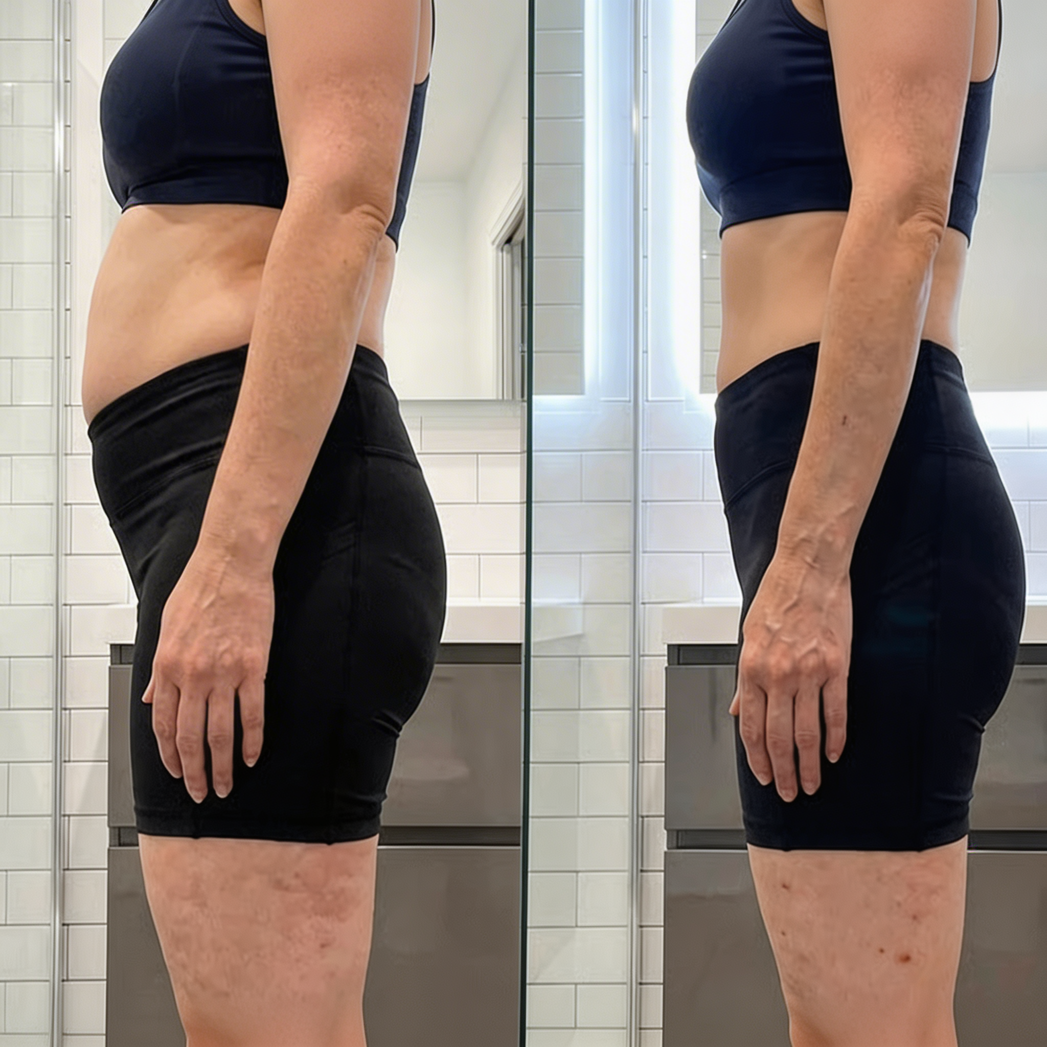 A before-and-after split image of a woman's midsection, showing a visible reduction in her stomach.