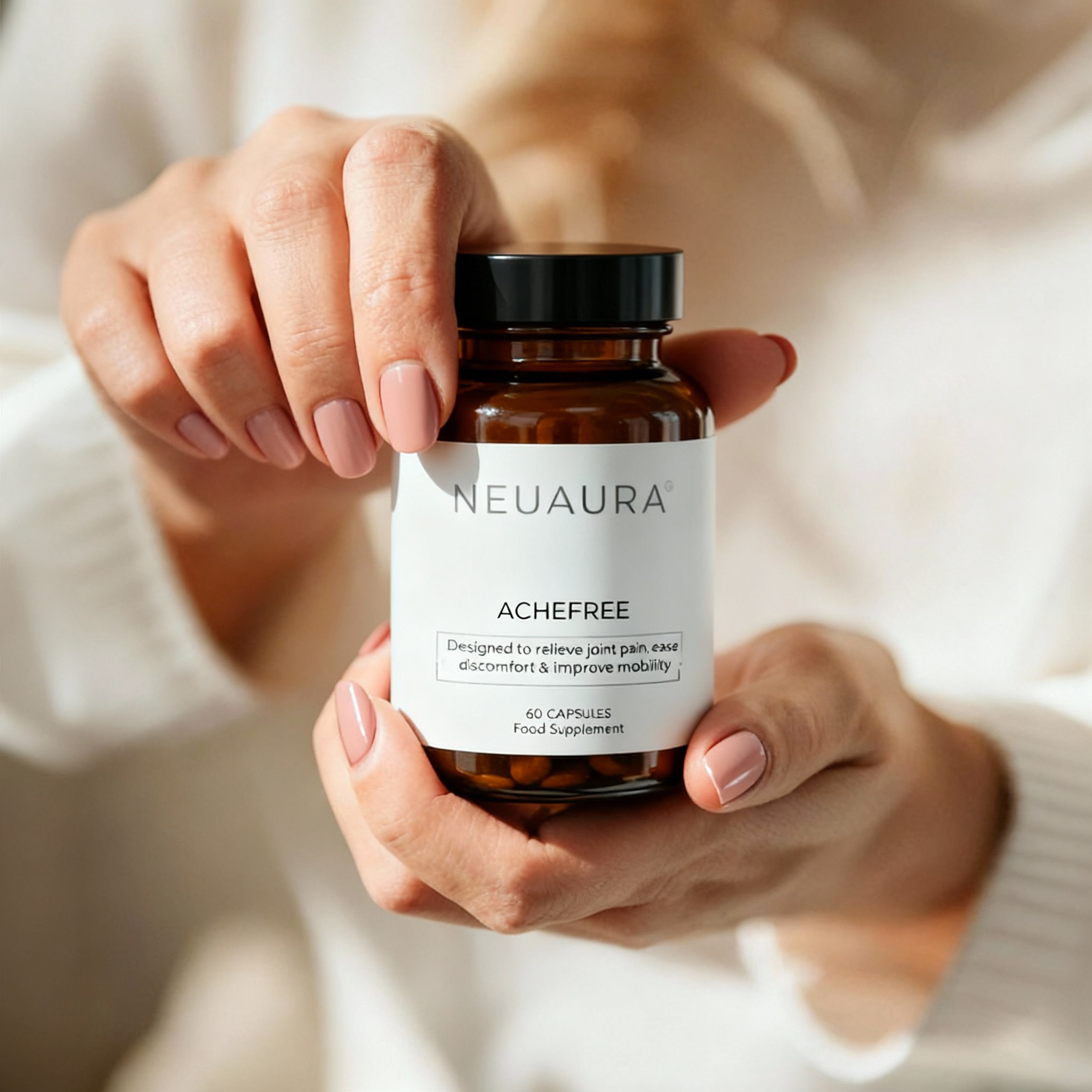 Hands holding a bottle of NeuAura Achefree capsules.