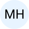 Black letters 'MH' on a light blue circular background.