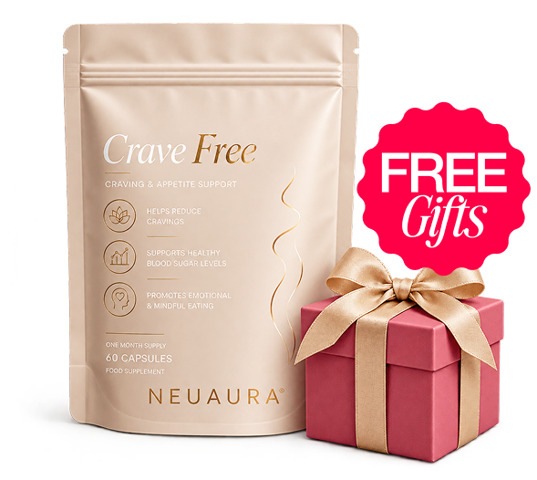 A pouch of Neuara Crave Free supplement next to a pink gift box and a 'Free Gifts' badge.