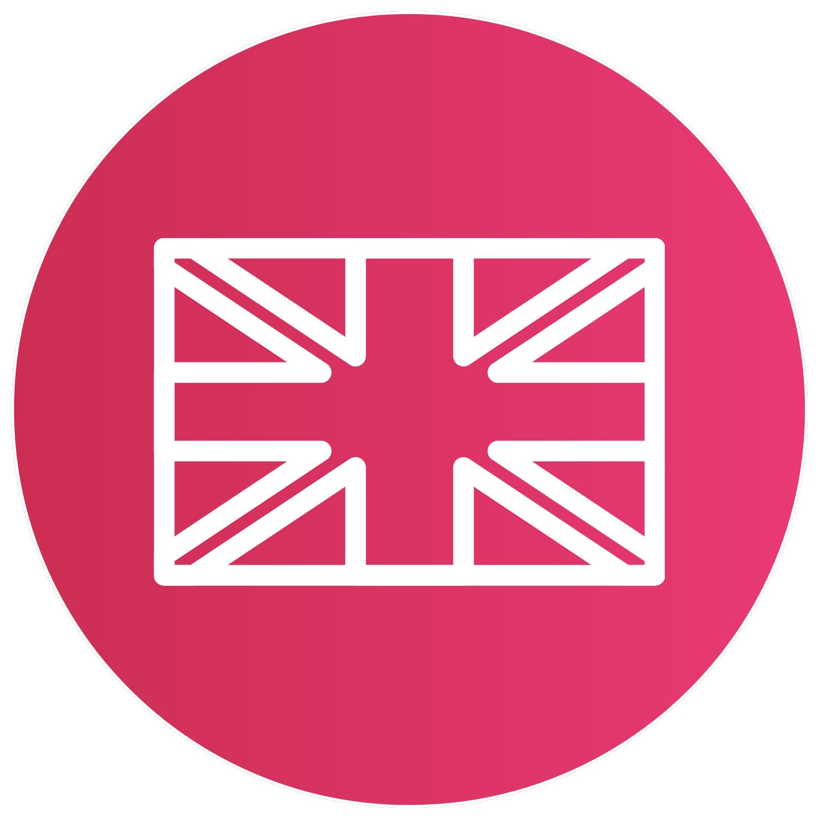 White outline of UK flag on pink circular background.