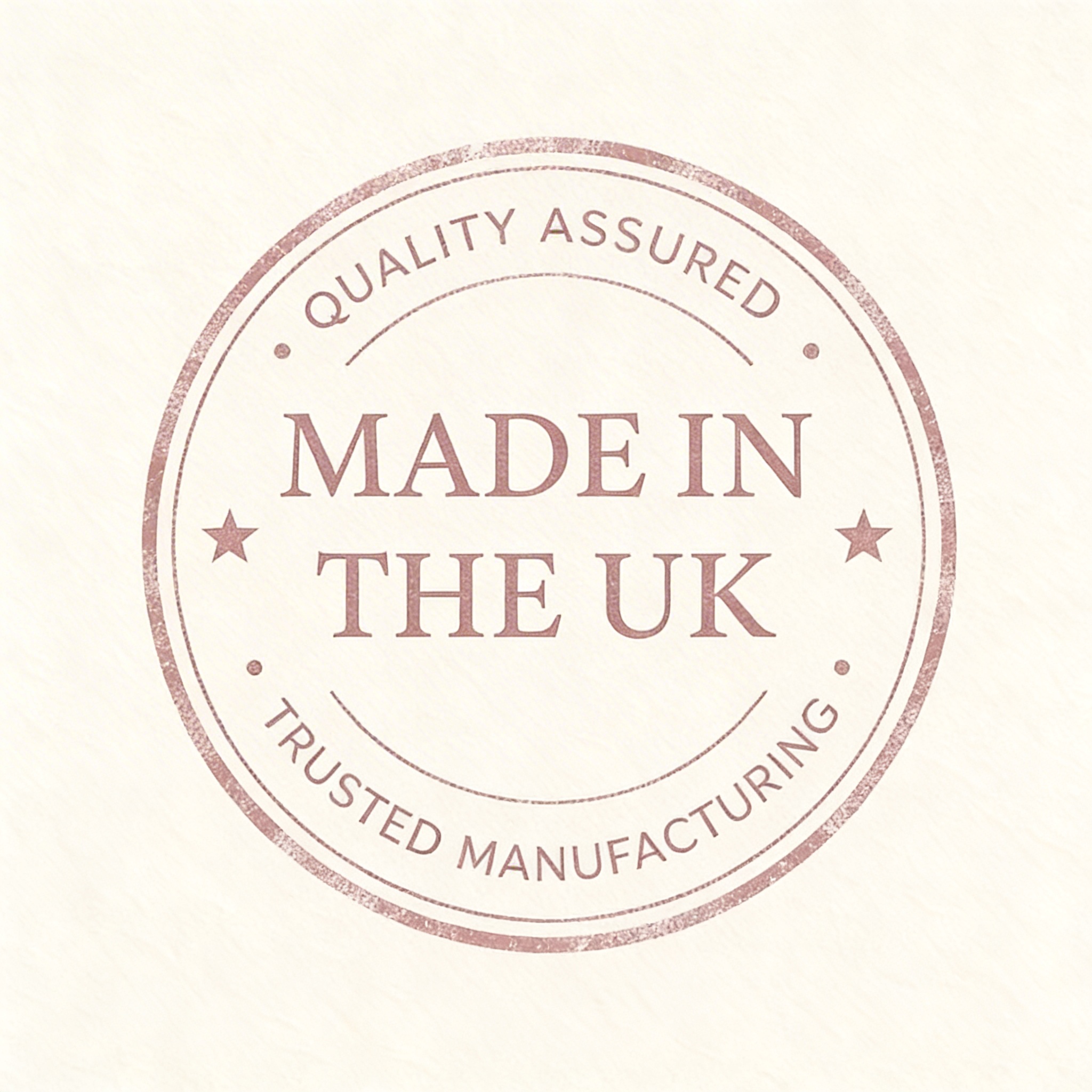A circular stamp graphic in rose gold that reads, 'Quality Assured, Made in the UK, Trusted Manufacturing'.