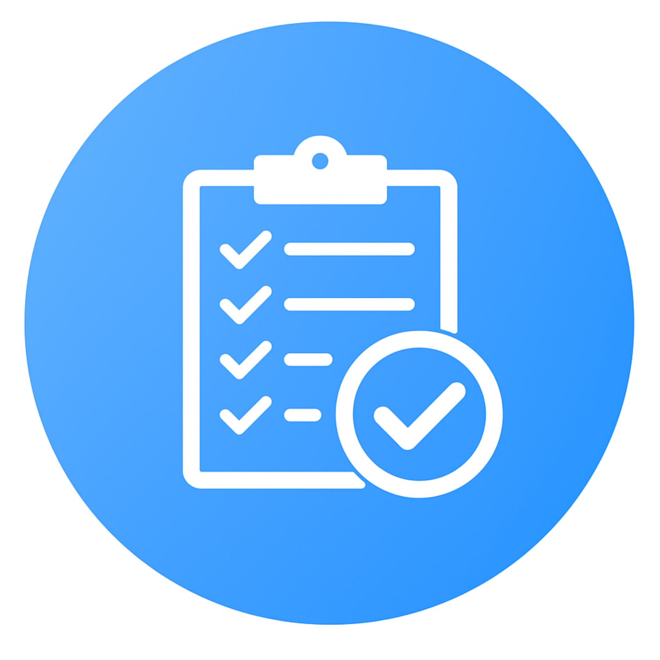 Blue icon with a checklist and a checkmark.