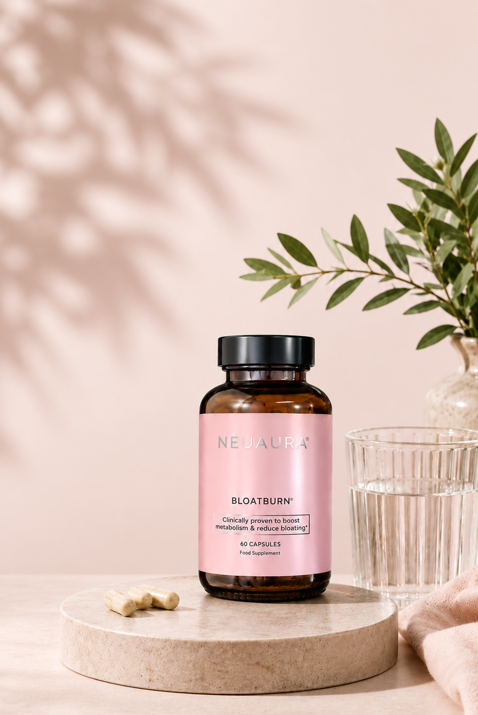 A bottle of Neuaura Bloatburn supplements on a pedestal with capsules, a glass of water, and a plant.