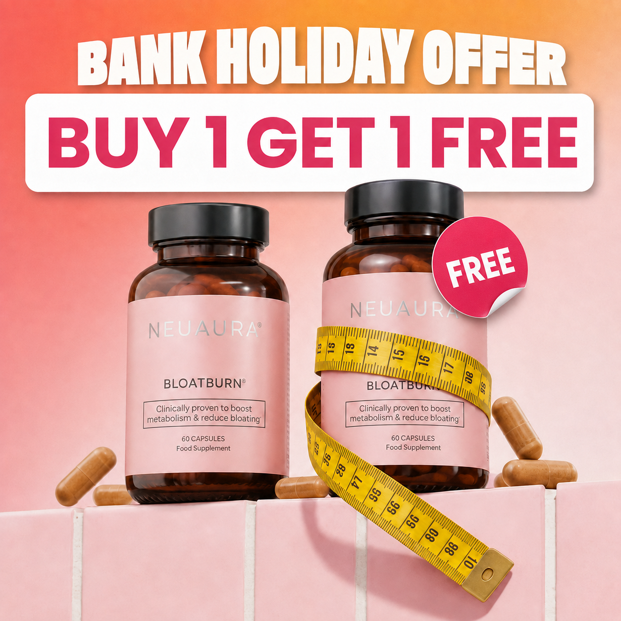 An advertisement showing two bottles of Neuara Bloatburn supplement with a tape measure and a 'Buy 1 Get 1 Free' offer.