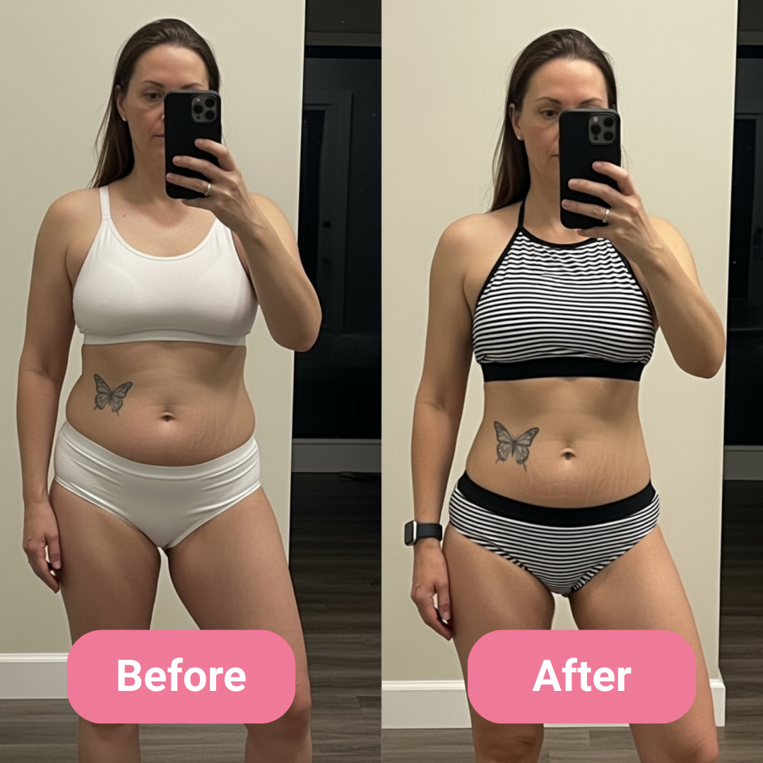 Side-by-side comparison of a woman in 'Before' and 'After' photos.