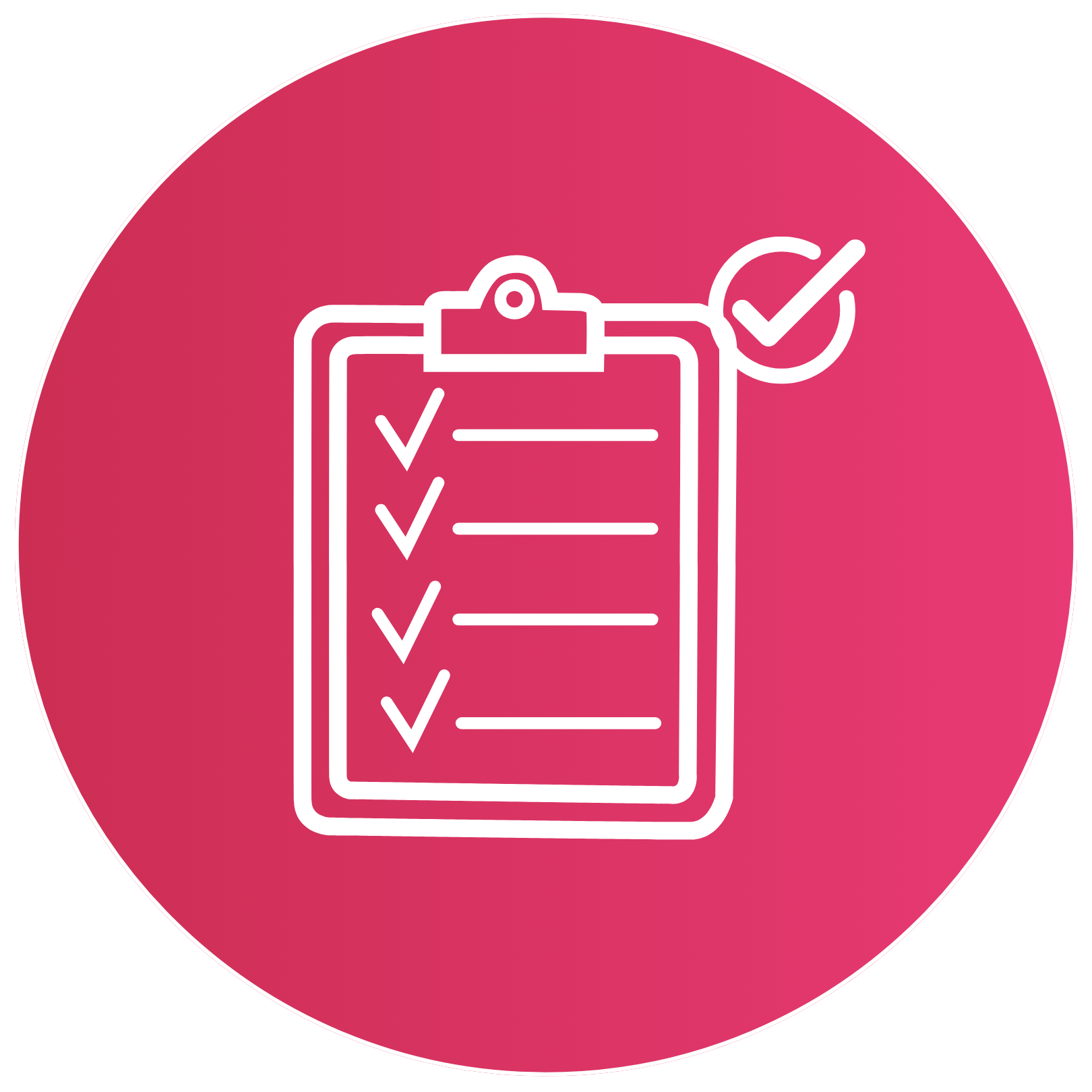 Illustration of a checklist on a clipboard with checkmarks in a pink circle.