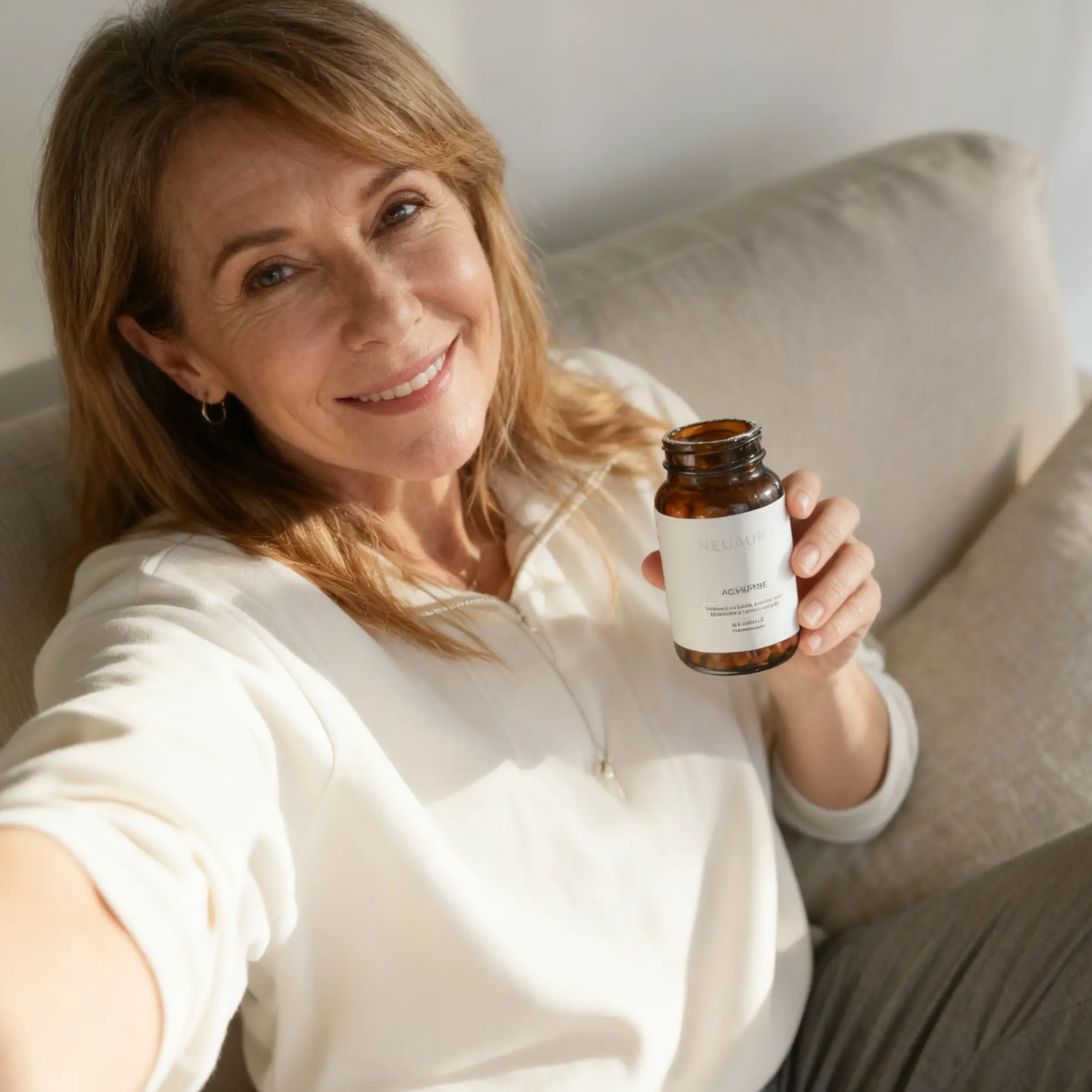 Person smiling, holding a brown bottle with a white label, sitting on a beige couch.