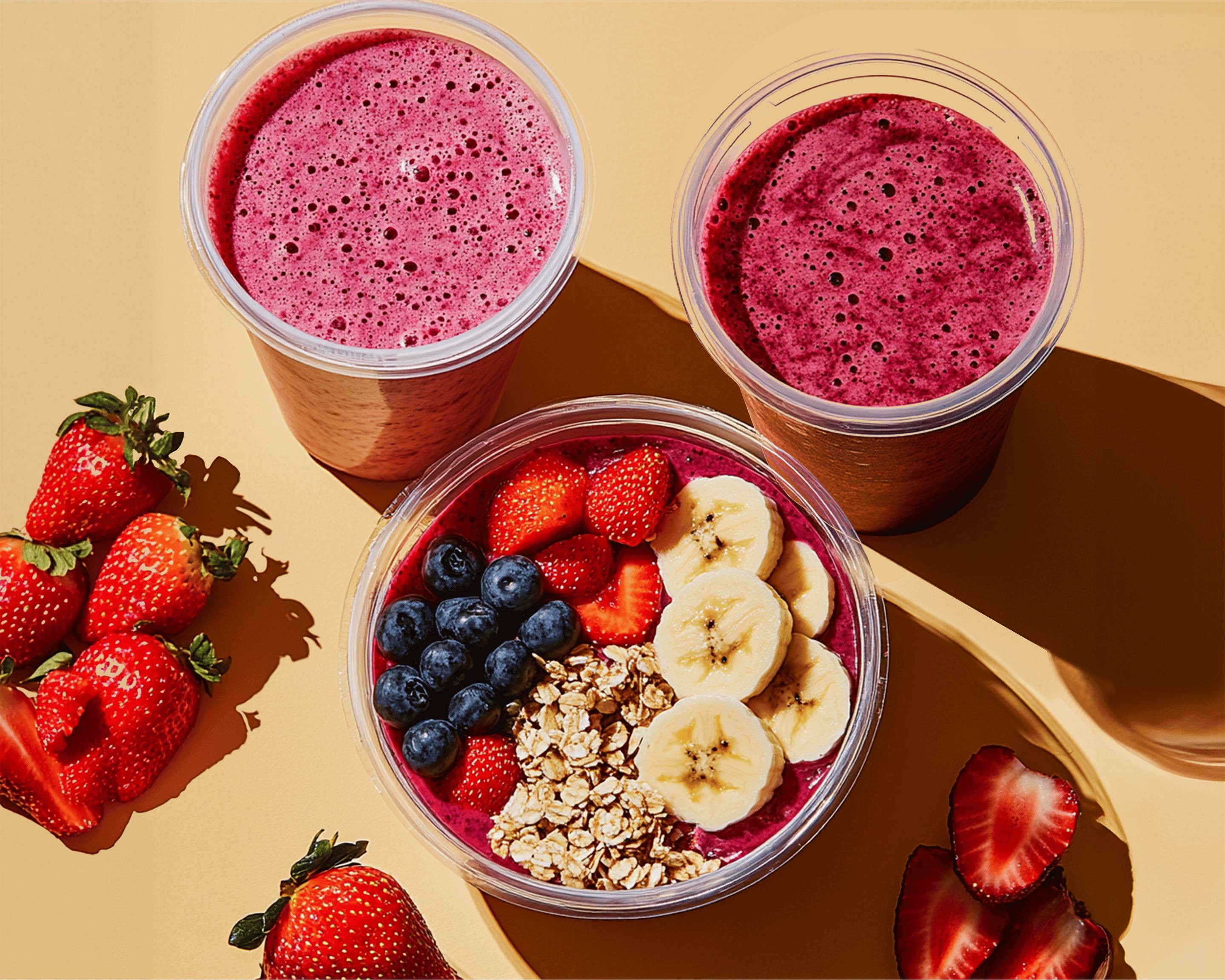 Two berry smoothies and a fruit bowl with strawberries, blueberries, bananas, and granola.