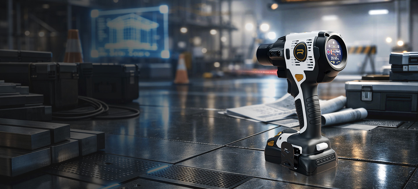 A modern, cordless power tool with a digital screen rests on a metal workbench in a workshop.