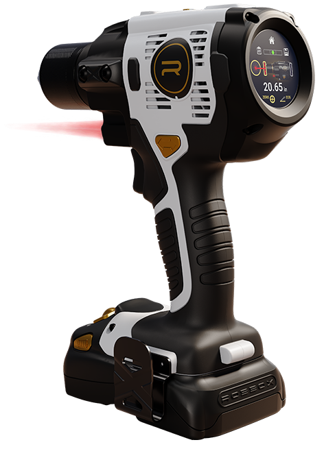 A black, white, and gold cordless power drill with a digital display and a red laser guide.