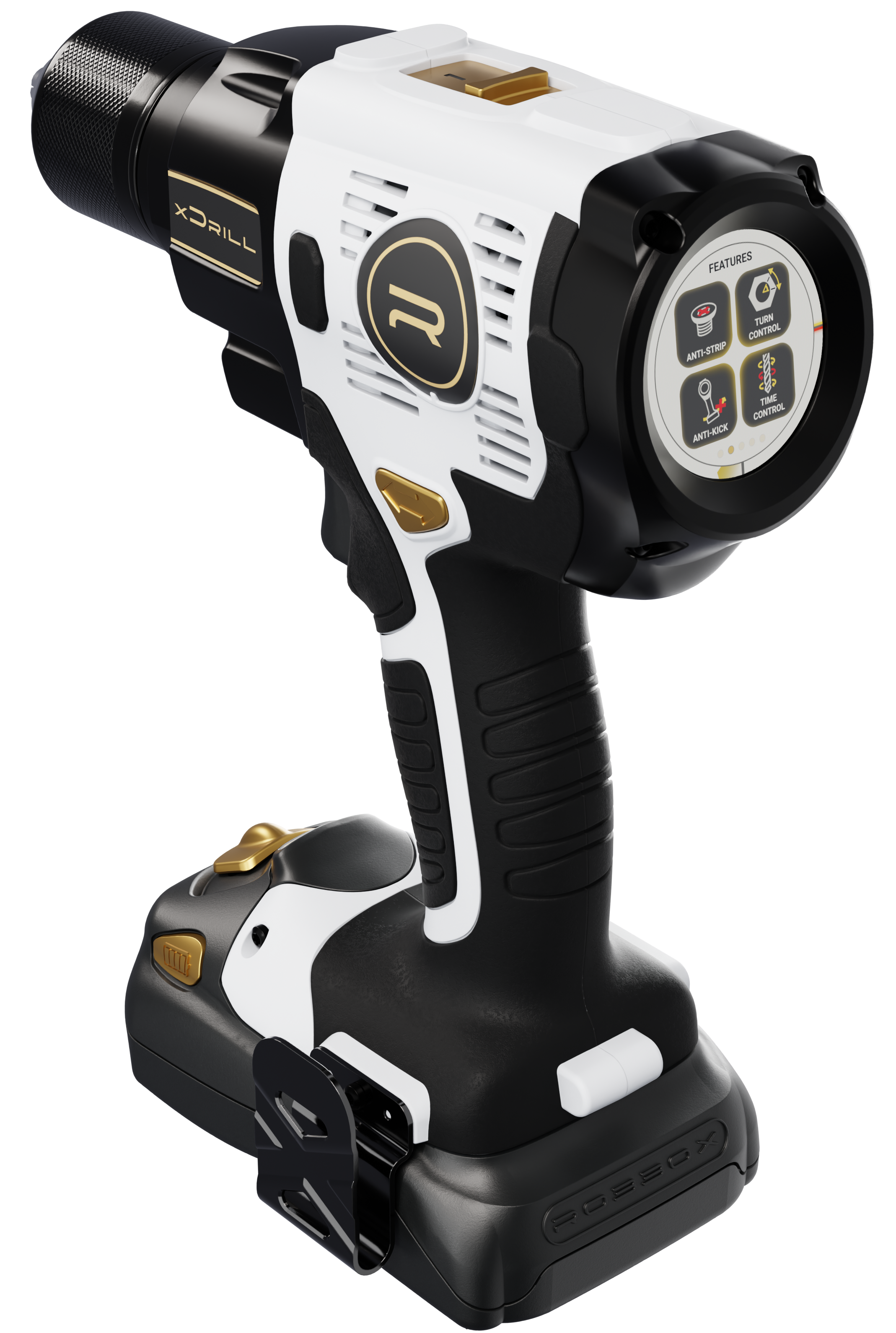 A black and white cordless drill with gold accents and a digital display.