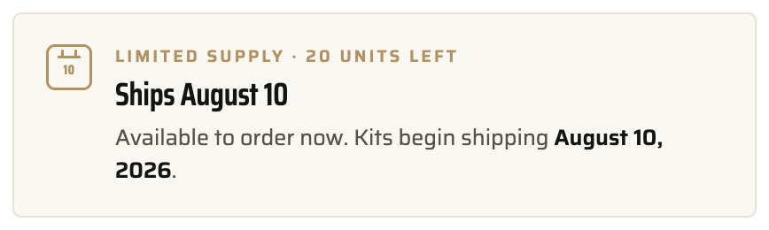 A notification showing a limited supply of 20 units, which will ship on August 10, 2026.