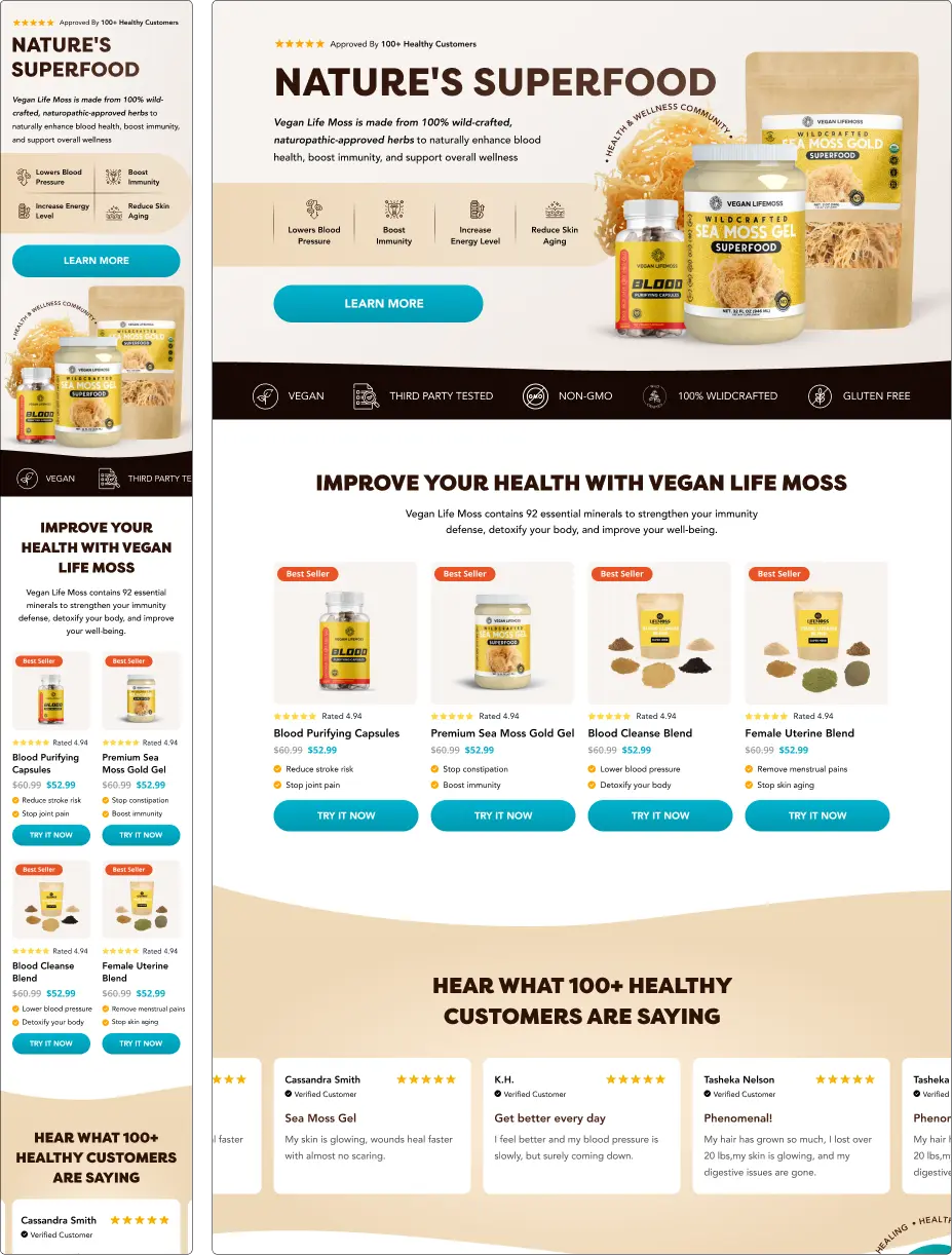 Promotional webpage for vegan superfood products with customer reviews and product images.