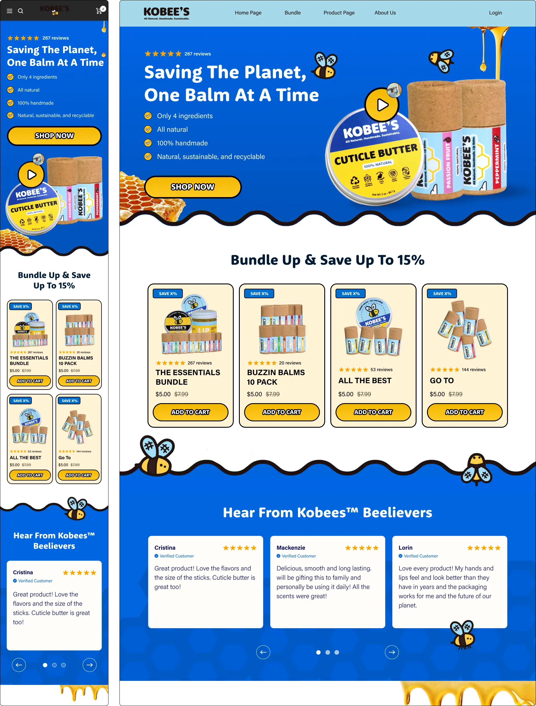 Website promoting natural, handmade balm products with customer reviews and bundle offers.