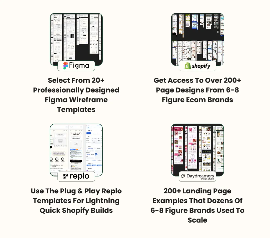 Four sections showing Figma, Shopify, Replo, and Daydreamers design templates with descriptive text.