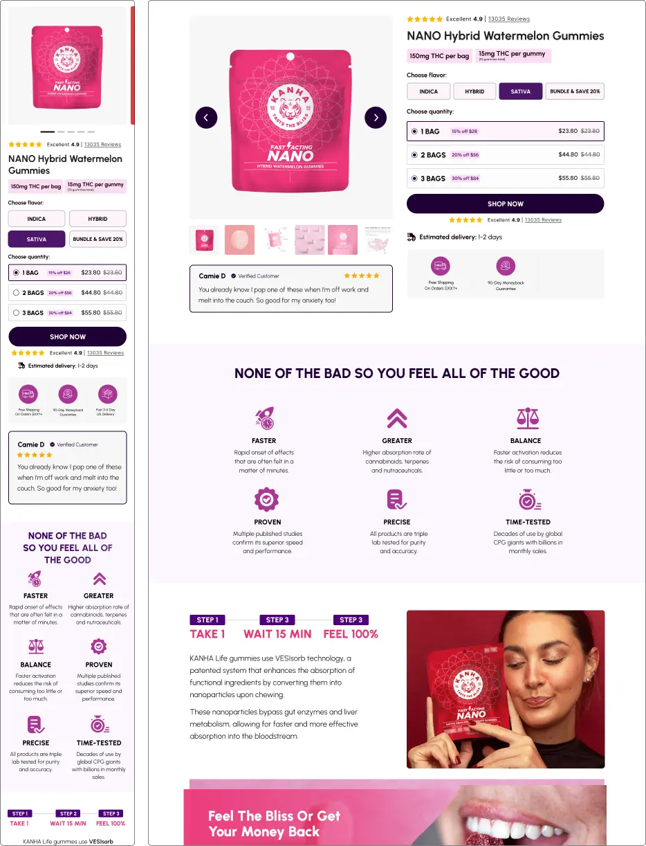 Webpage displaying NANO Hybrid Watermelon Gummies with product details and customer reviews.