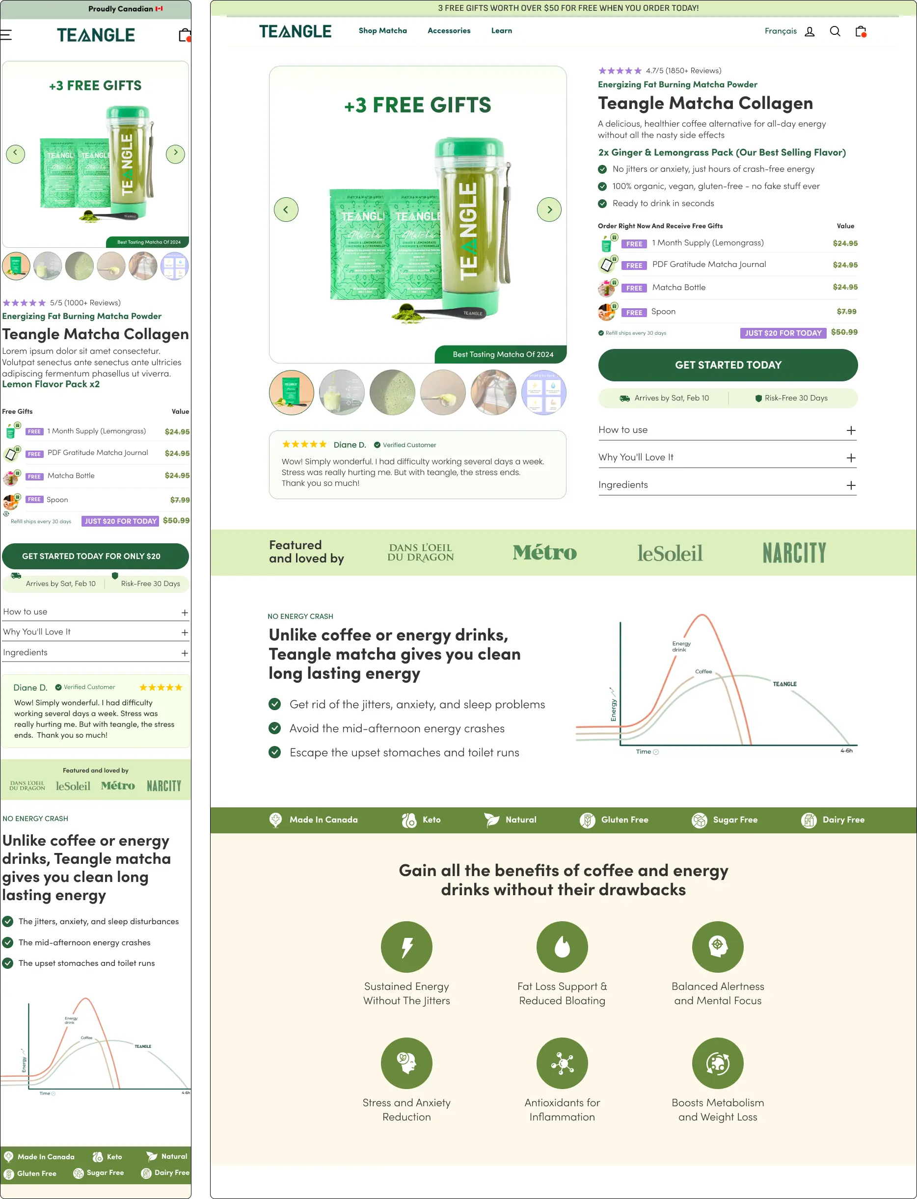 Teangle Matcha product page with images, reviews, and benefits of matcha powder.