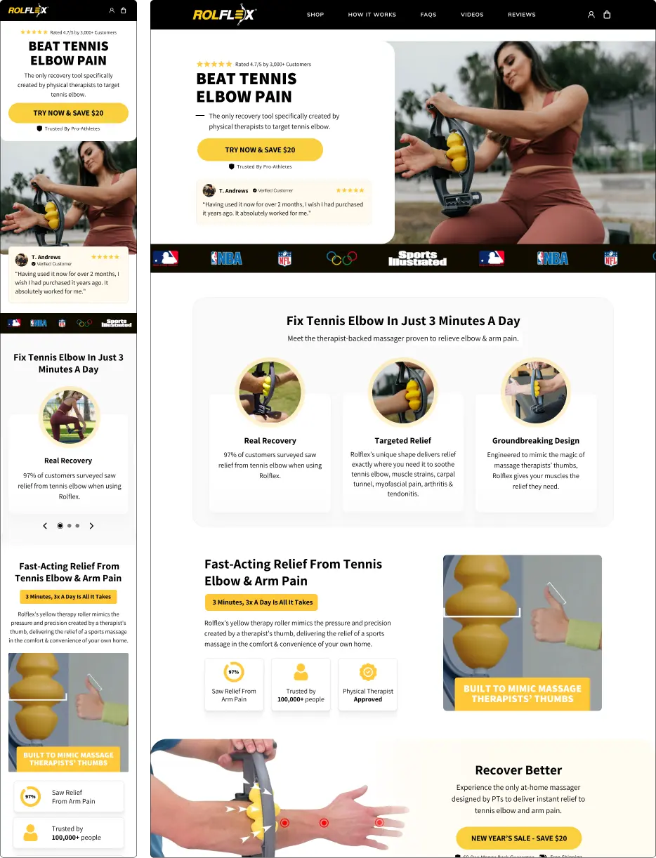 Webpage promoting a tool for relieving tennis elbow pain with images and customer testimonials.