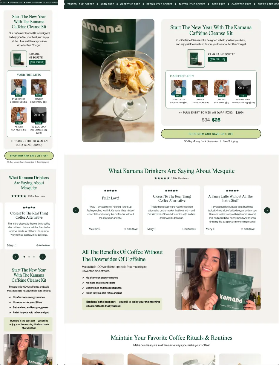 Webpage promoting Kamana Caffeine Cleanse Kit with product images and customer reviews.