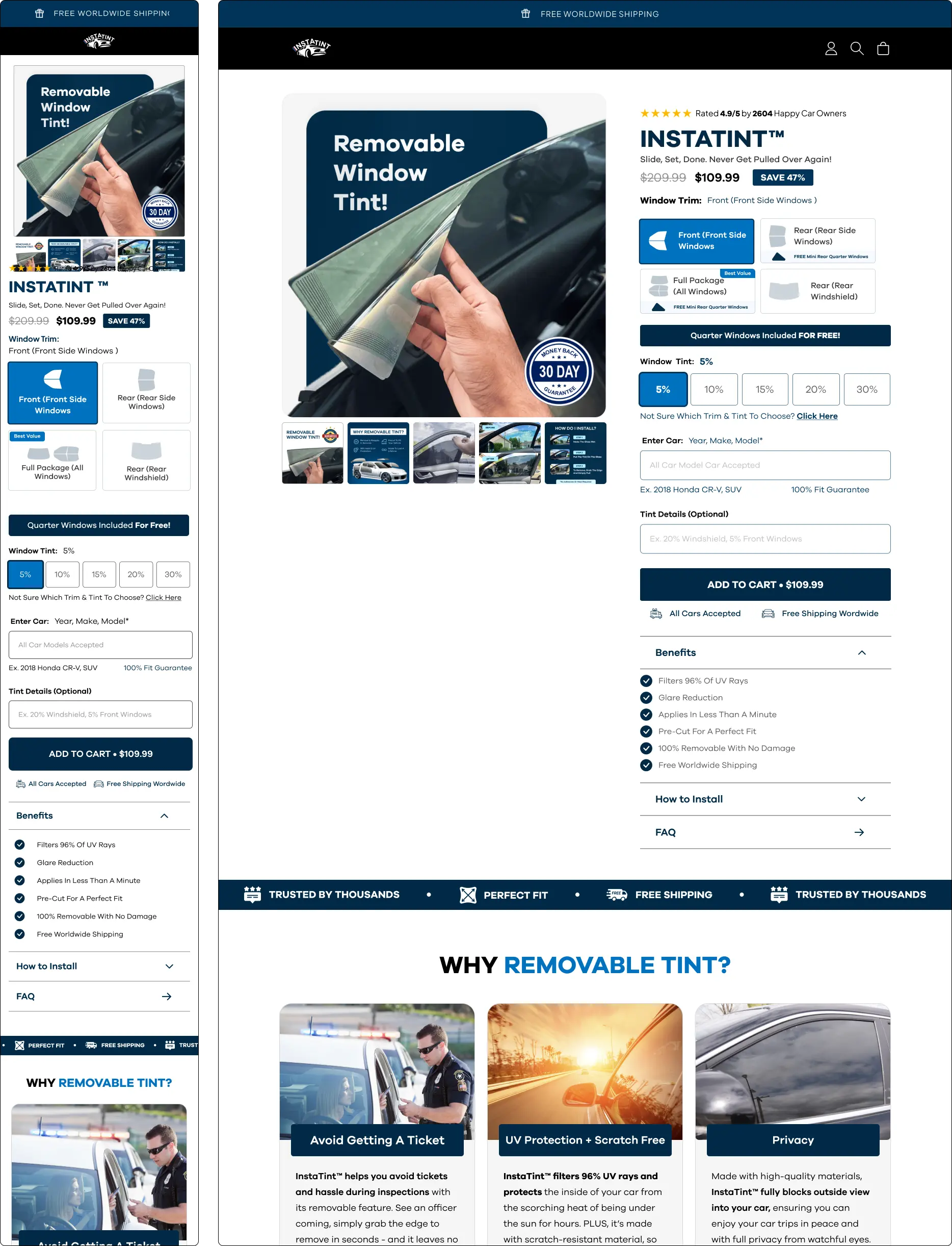 Webpage displaying removable window tint product with pricing, features, and benefits.
