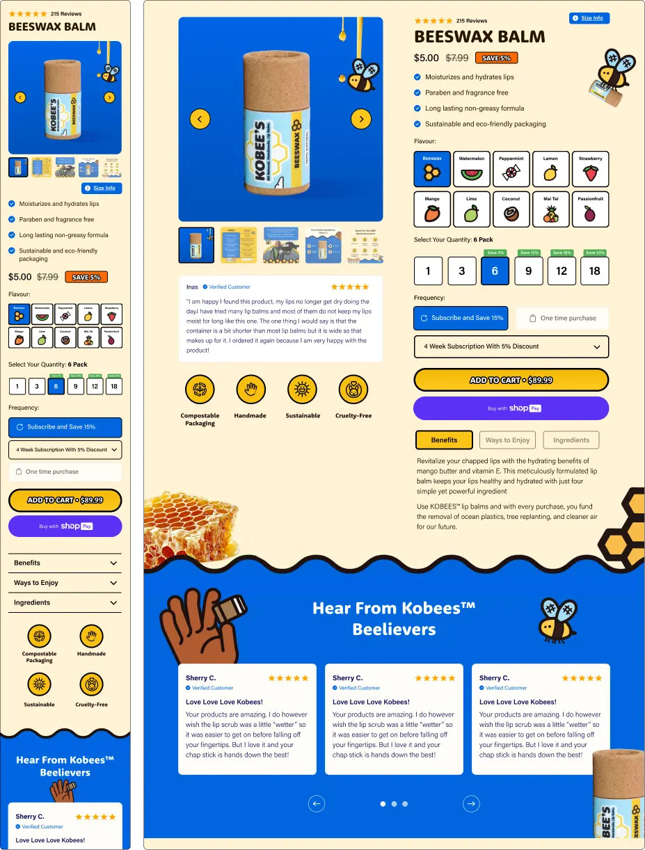Product page for beeswax balm with reviews, pricing, and subscription options.
