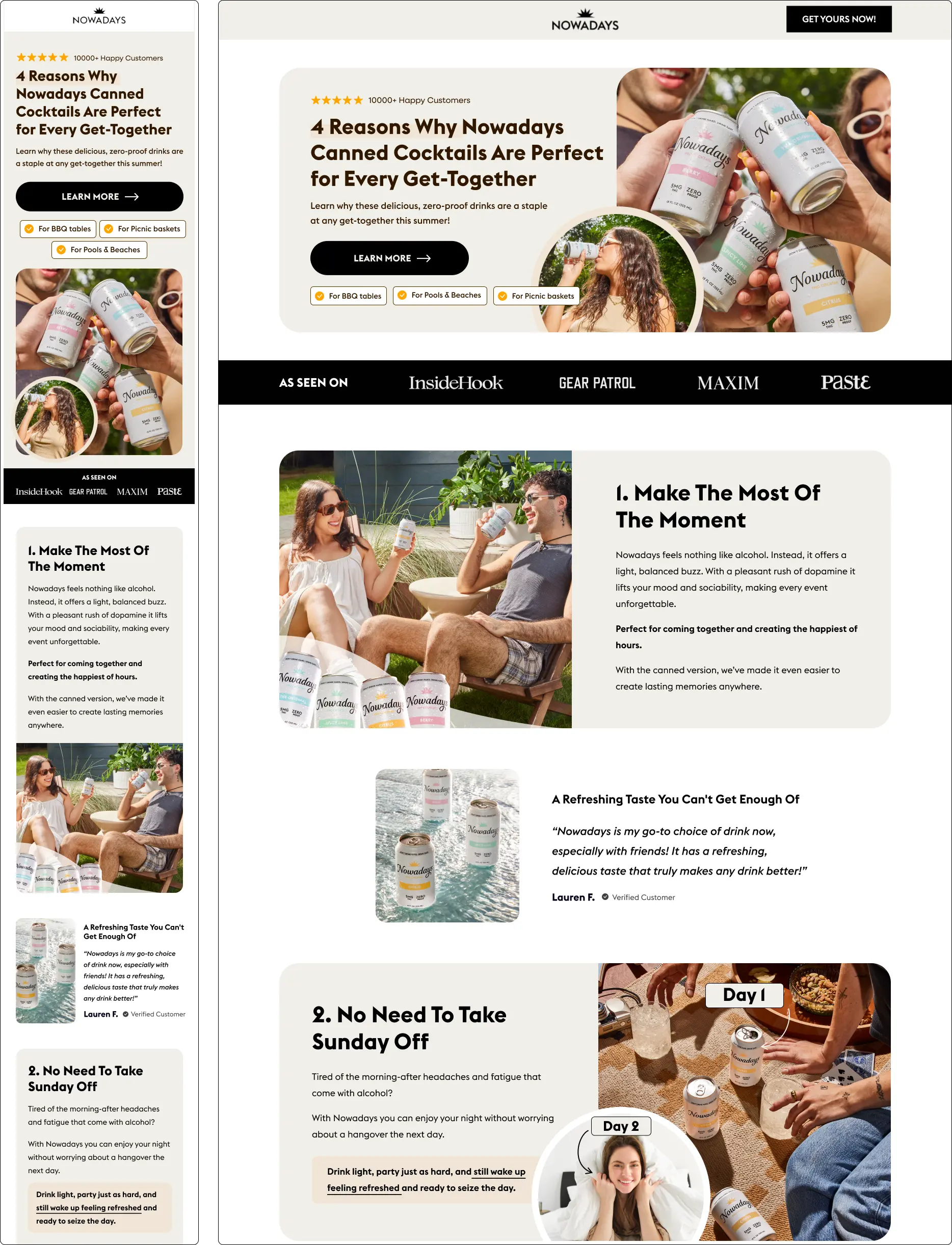 Webpage promoting canned cocktails with images of people enjoying drinks outdoors.