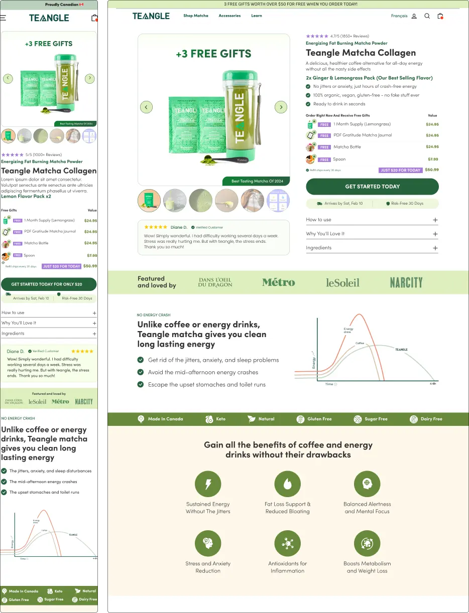 Teangle Matcha Collagen product page with images, reviews, and benefits listed.