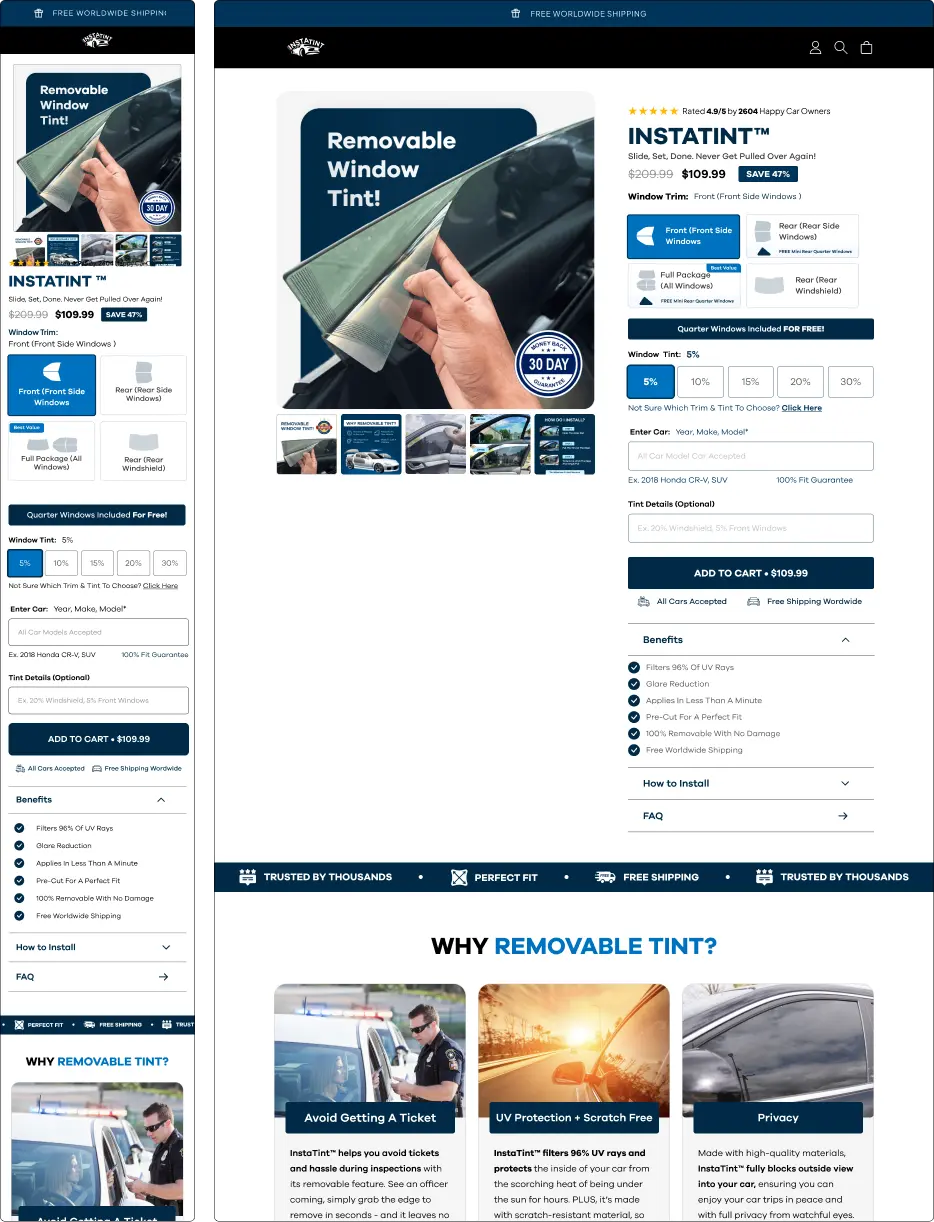 Webpage displaying removable window tint product with pricing and features.