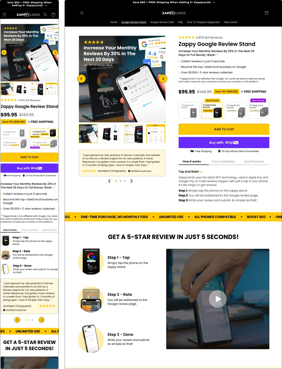 Webpage promoting Zappy Google Review Stand with product images and customer testimonials.