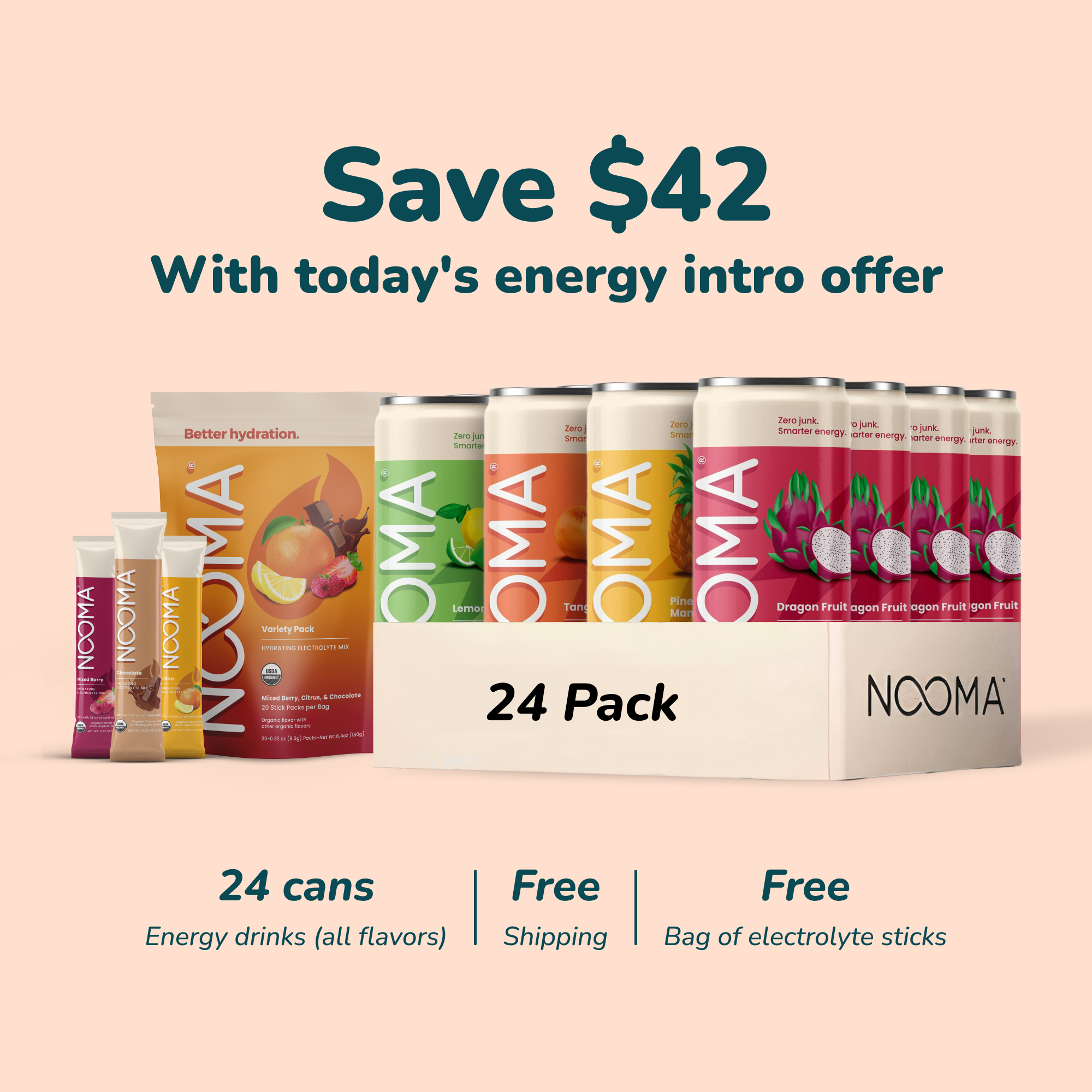 Assorted NOOMA energy drinks and electrolyte sticks with promotional text.