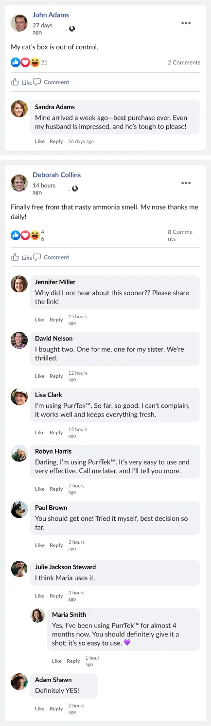 A compilation of positive social media comments and testimonials for a product called PurrTek.