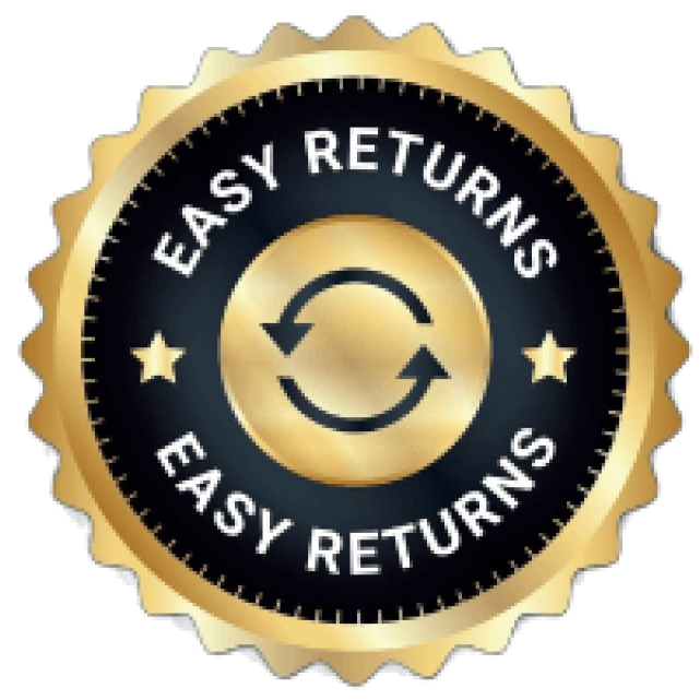 A gold and black circular seal with the text 'Easy Returns' and a circular arrow icon.