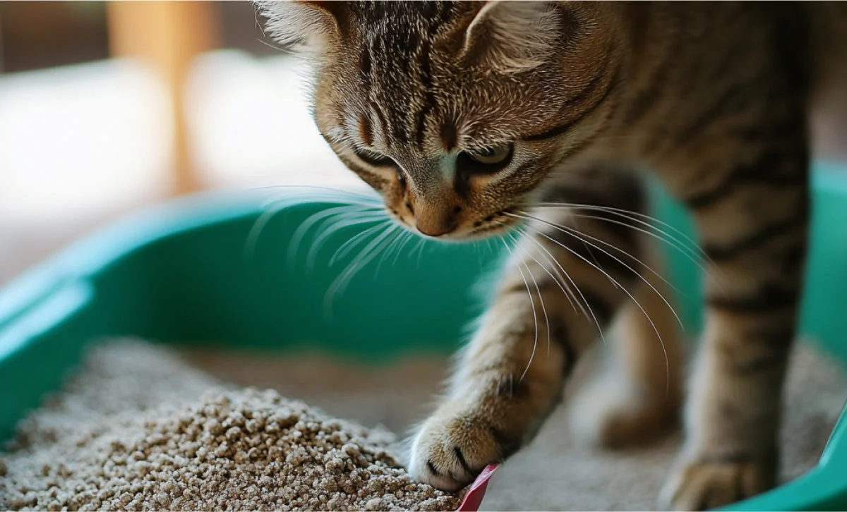 A close-up of a tabby cat looking down as it steps into a green litter box.