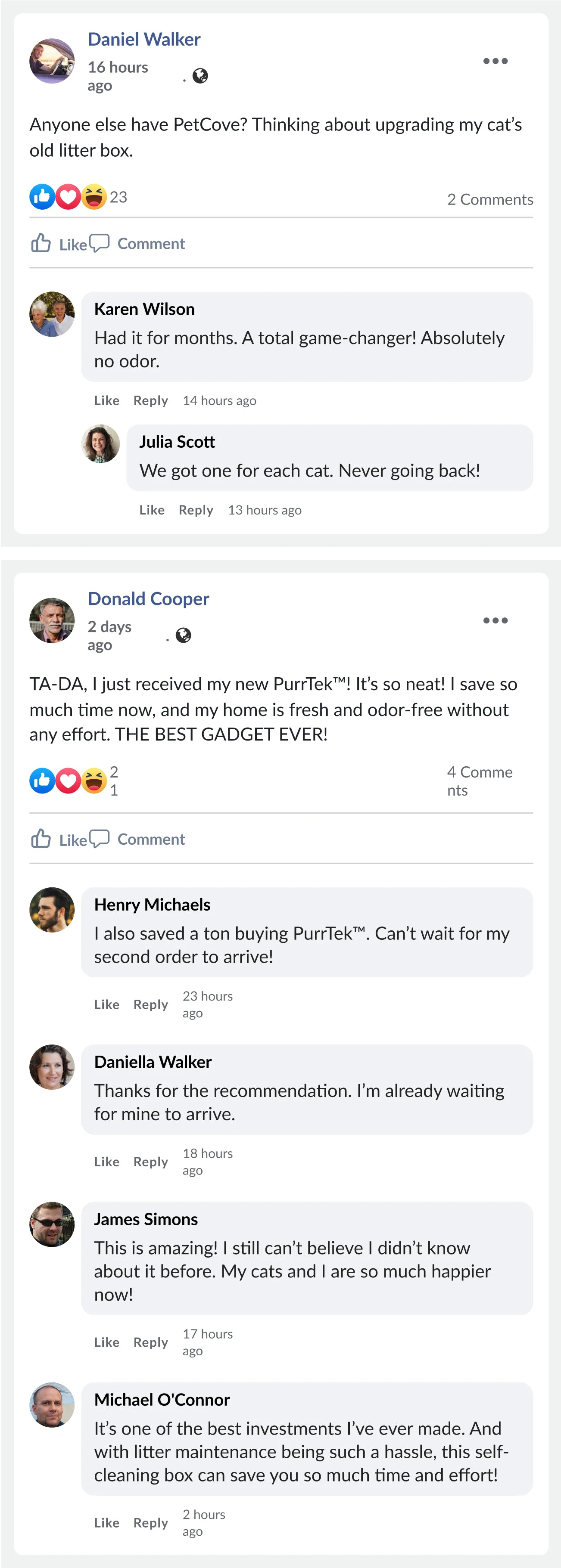 A series of social media posts and comments showing positive customer reviews for a pet product.