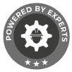 A circular grey badge that reads 'Powered by Experts' with a gear, a hard hat, and three stars.