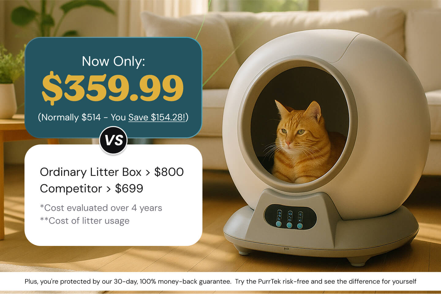 Cat sitting inside a spherical litter box with price comparison text overlay.