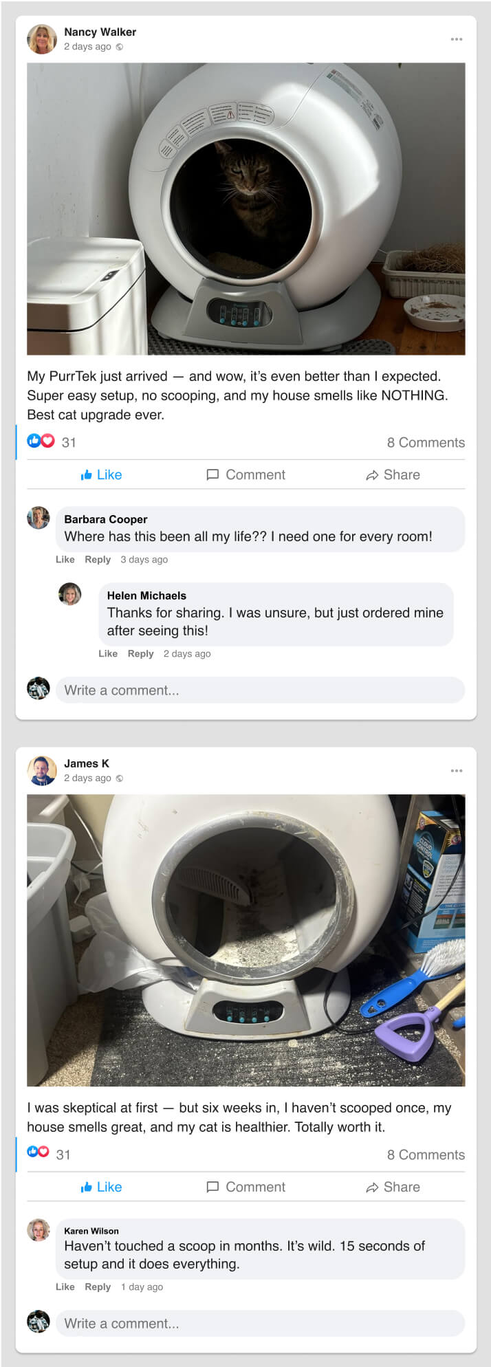 Two social media posts showing a futuristic cat litter box with comments praising its features.
