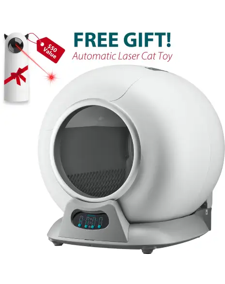 Automatic cat litter box with a promotional offer for a free laser cat toy.