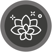 A white line icon of a sparkling lotus flower on a dark grey circular background.