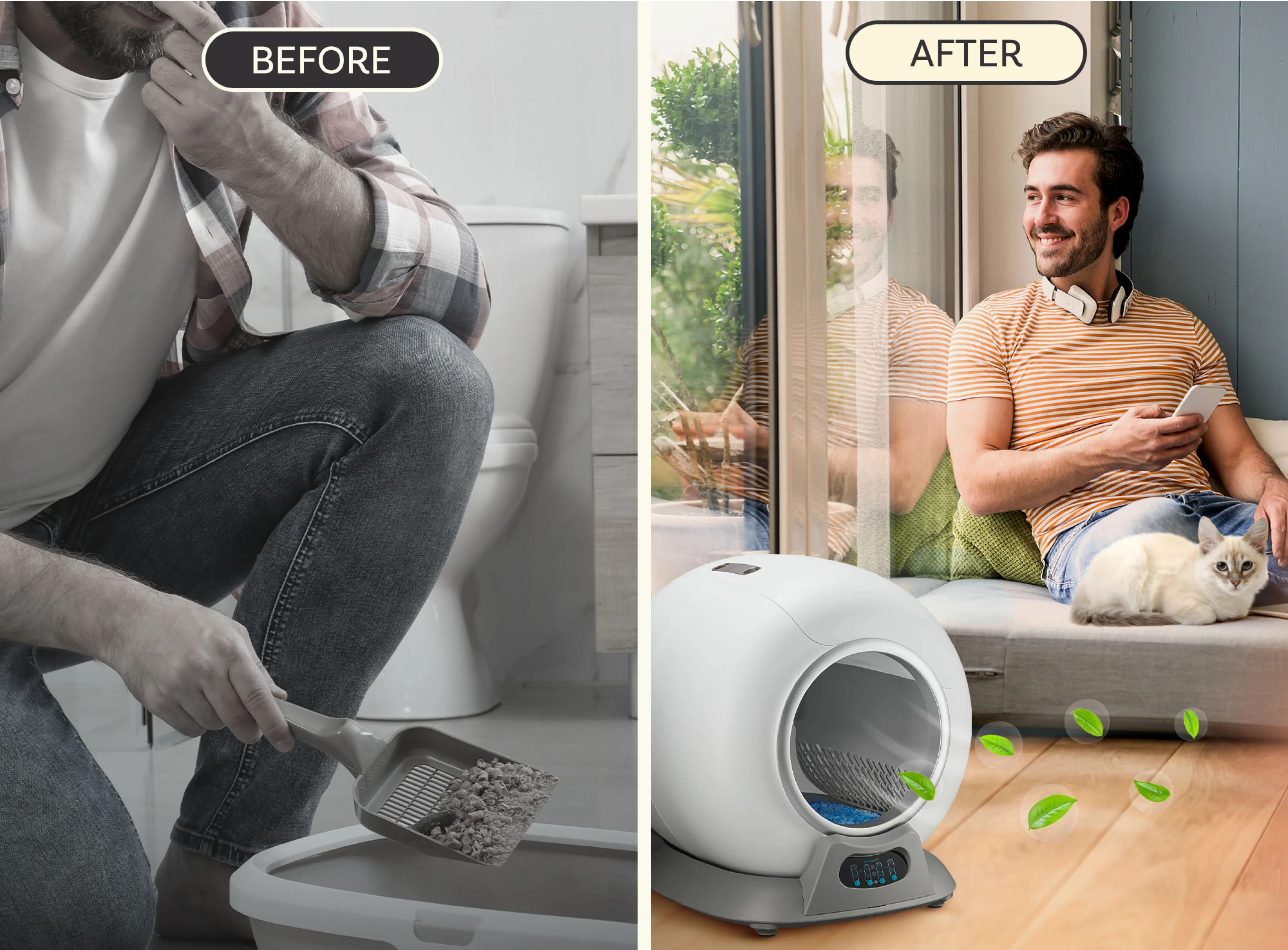 A before-and-after image showing a man cleaning a litter box and then relaxing with an automatic one.