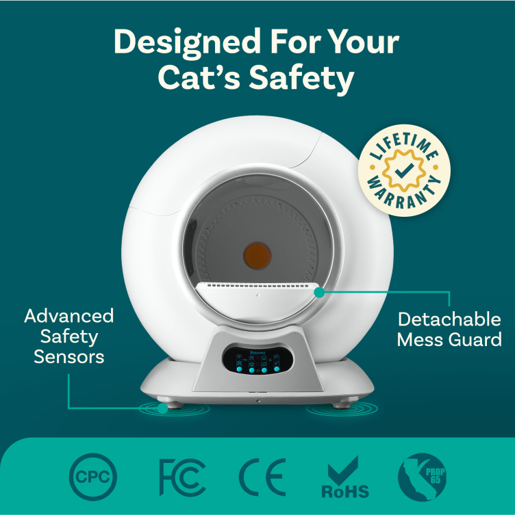 A white automatic cat litter box with callouts highlighting its safety sensors and a lifetime warranty seal.