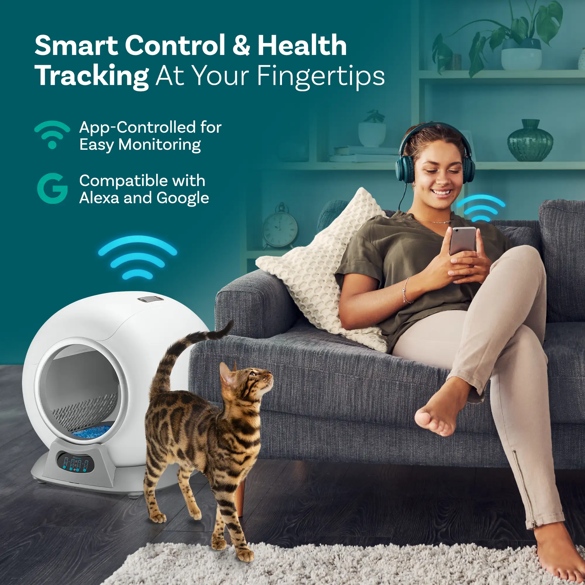 A woman on a couch uses her phone, with a cat and a smart litter box nearby.