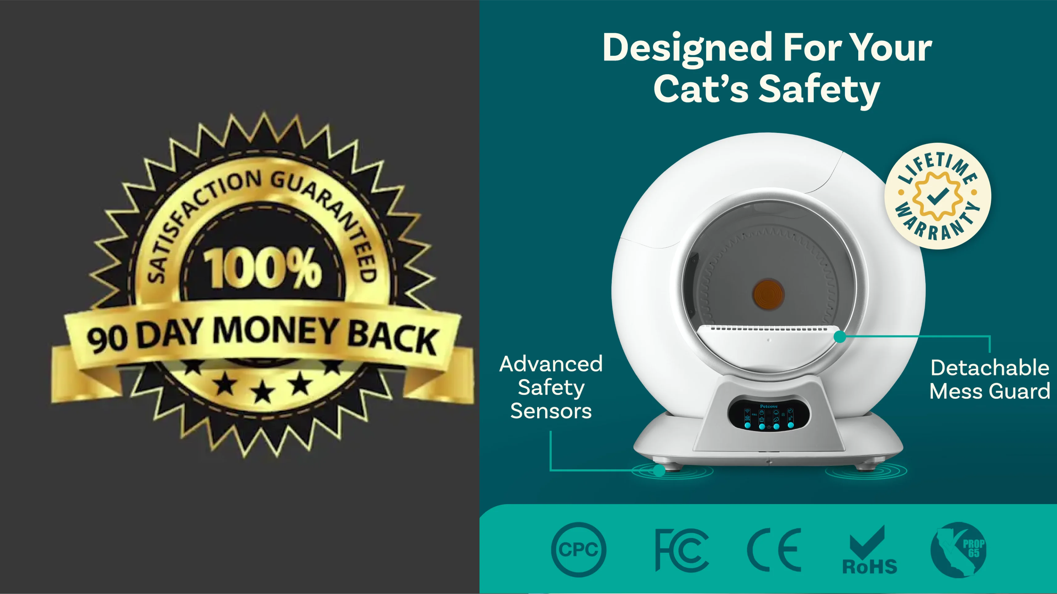 A promotional image for a self-cleaning litter box, highlighting its safety features and money-back guarantee.