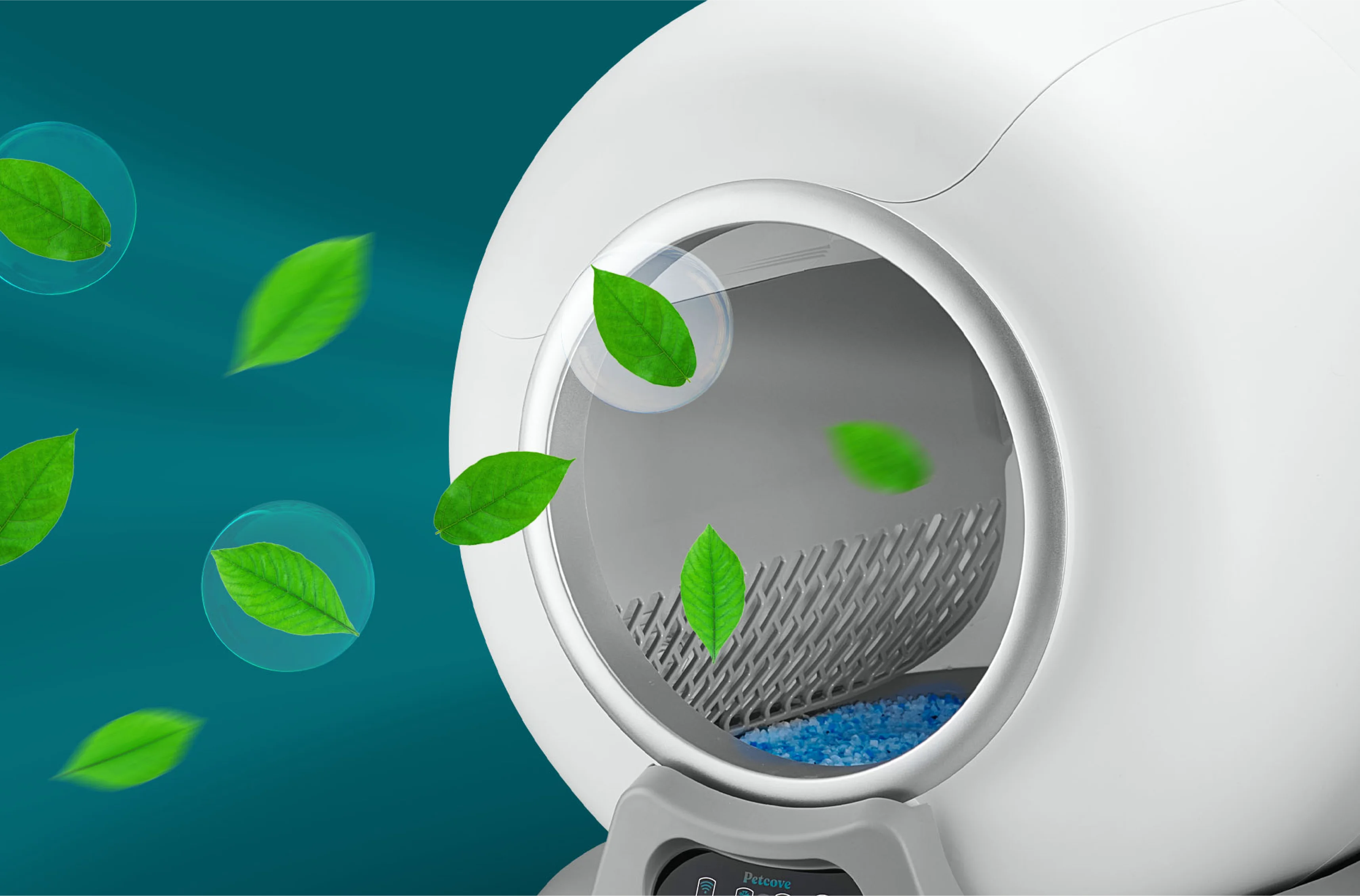 A white automatic litter box with blue crystal litter and green leaves floating around it against a teal background.