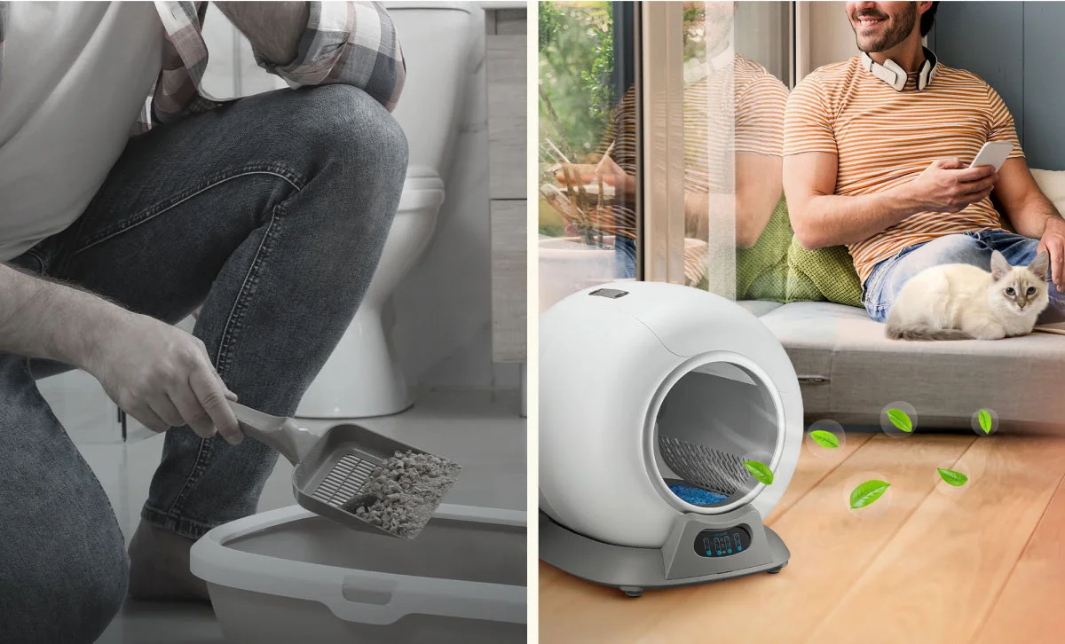 A split image contrasting a man scooping a litter box with a man relaxing near an automatic one.